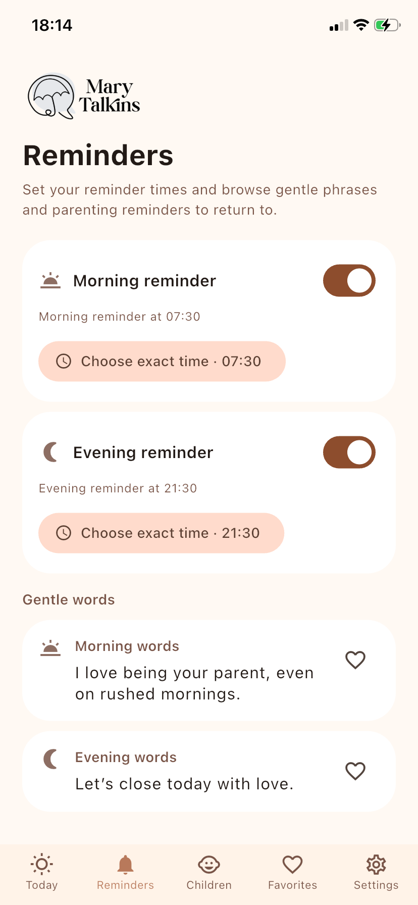 Mary Talkins Reminders screen